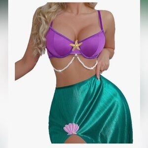 New - Mermaid-Inspired Purple Bikini Top and Green Skirt Set